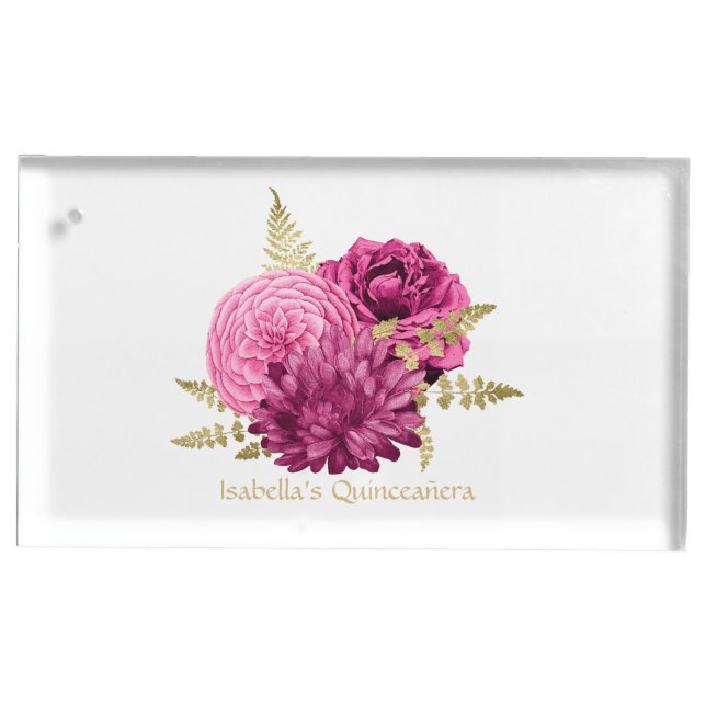 Hot-Pink and Gold Floral Quinceañera Place Card Holder (Front)