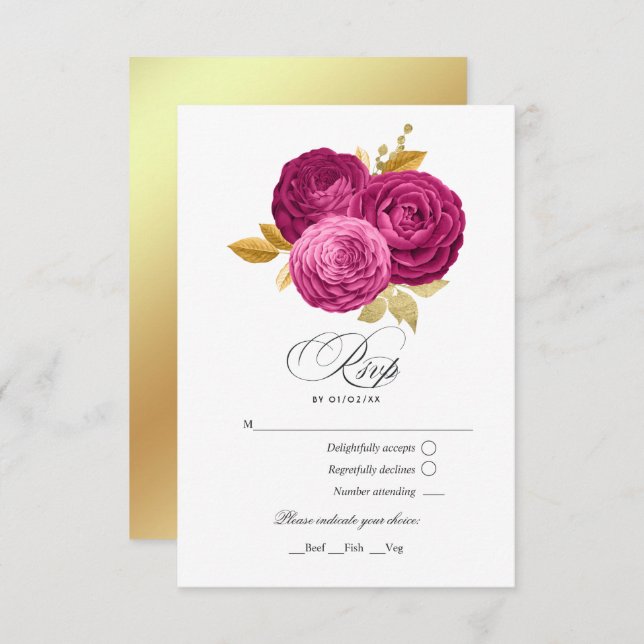 Hot-Pink and Gold Floral Quinceañera RSVP Card (Front/Back)