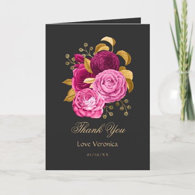 Hot Pink and Gold Floral Thank You Card (Front)