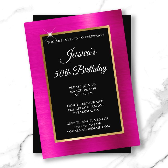 Hot Pink and Gold Foil Black 50th Birthday Invitation (Hot Pink and Gold Foil Black 50th Birthday Invitation)