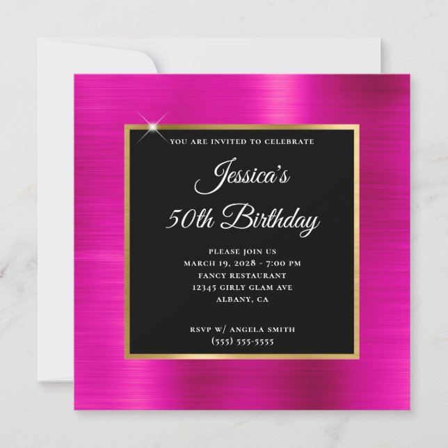 Hot Pink and Gold Foil Black Overlay 50th Birthday Invitation (Front)