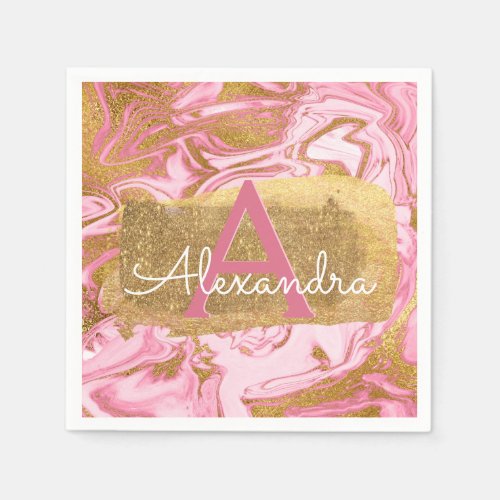 Hot Pink and Gold Foil Elegant Marble Birthday Paper Napkins