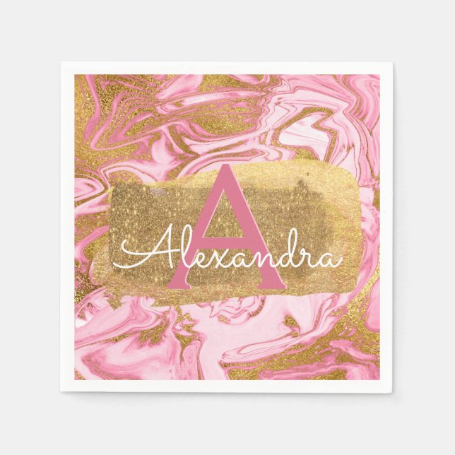 Hot Pink and Gold Foil Elegant Marble Birthday Paper Napkins (Front)