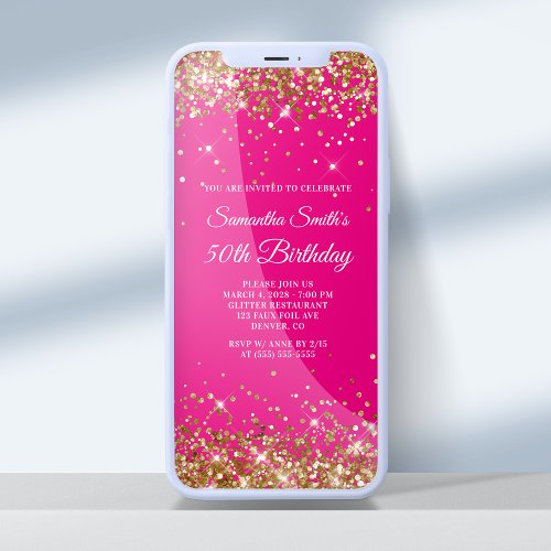 Hot Pink and Gold Glitter 50th Birthday Invitation