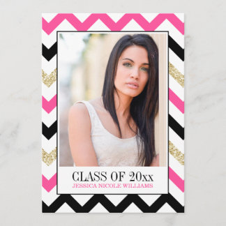 Hot Pink and Gold Glitter Chevron | Graduation Invitation