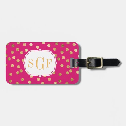 Hot Pink and Gold Glitter City Dots Monogram Luggage Tag