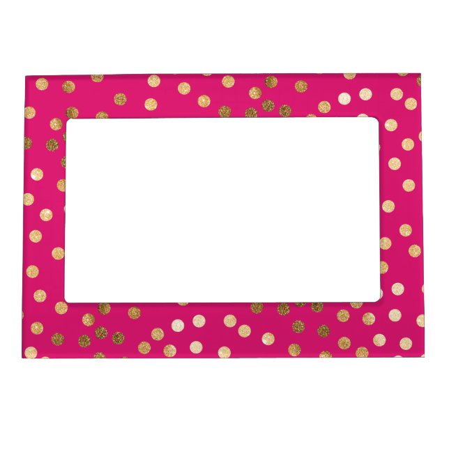 Hot Pink and Gold Glitter Dots Magnetic Photo Frame (Front)