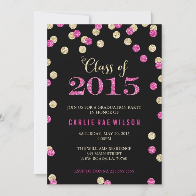 Hot Pink and Gold Glitter Graduation Invitations (Front)
