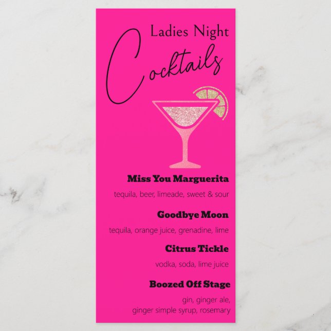 Hot Pink and Gold Glitter Ladies Night Cocktails Menu (Front)