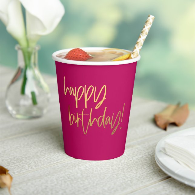 Hot Pink and Gold Happy Birthday Paper Cups (Insitu)
