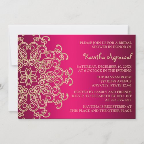Hot Pink and Gold Indian Inspired Bridal Shower Invitation