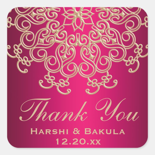 HOT PINK AND GOLD INDIAN INSPIRED THANK YOU LABEL (Front)