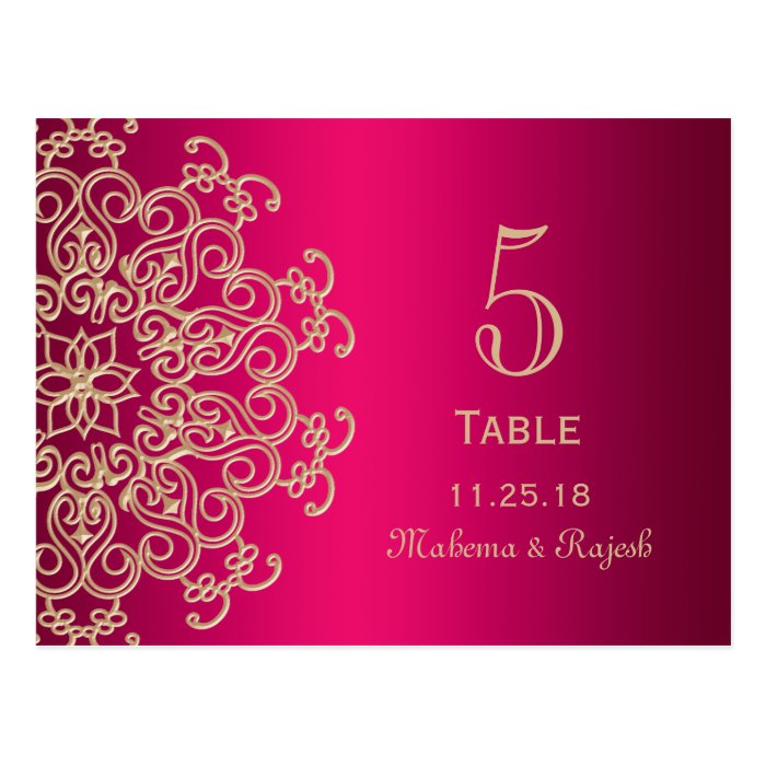 HOT PINK AND GOLD INDIAN WEDDING TABLE NUMBER CARD POSTCARDS