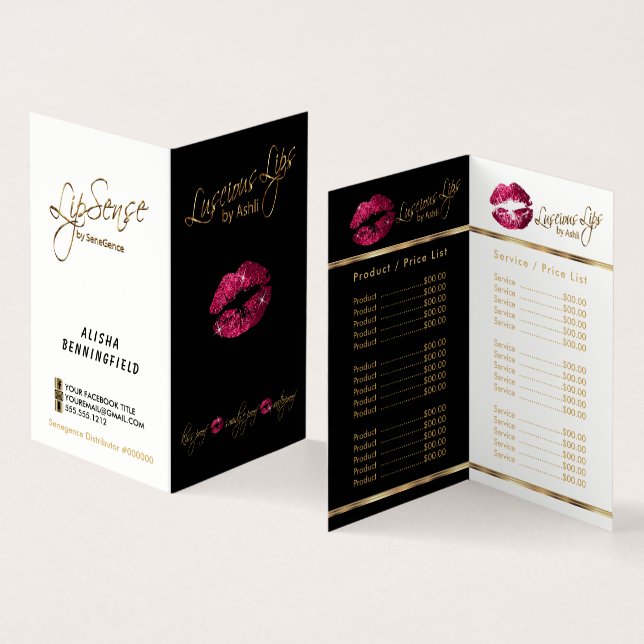 Hot Pink and Gold Lip Price and Service List Business Card (Inside and Outside)