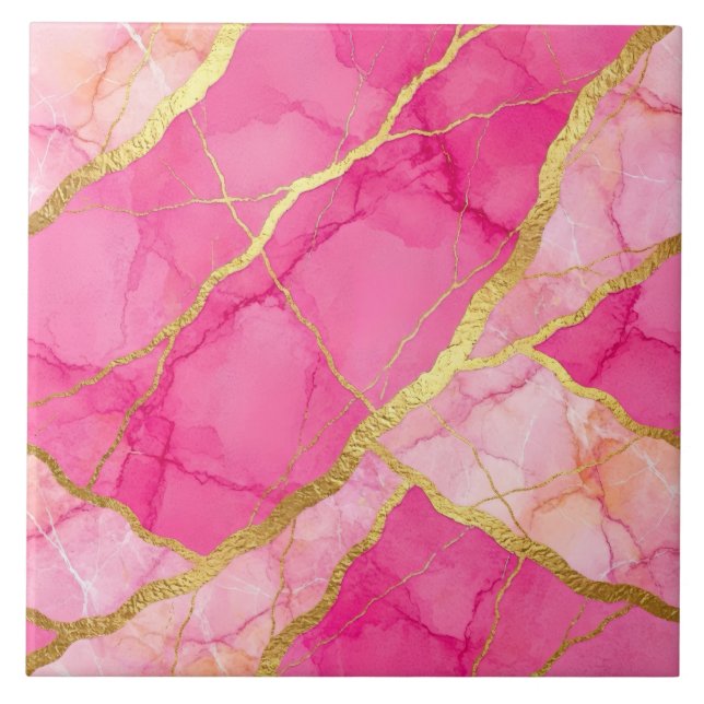 Hot Pink and Gold Marble Ceramic Tile (Front)
