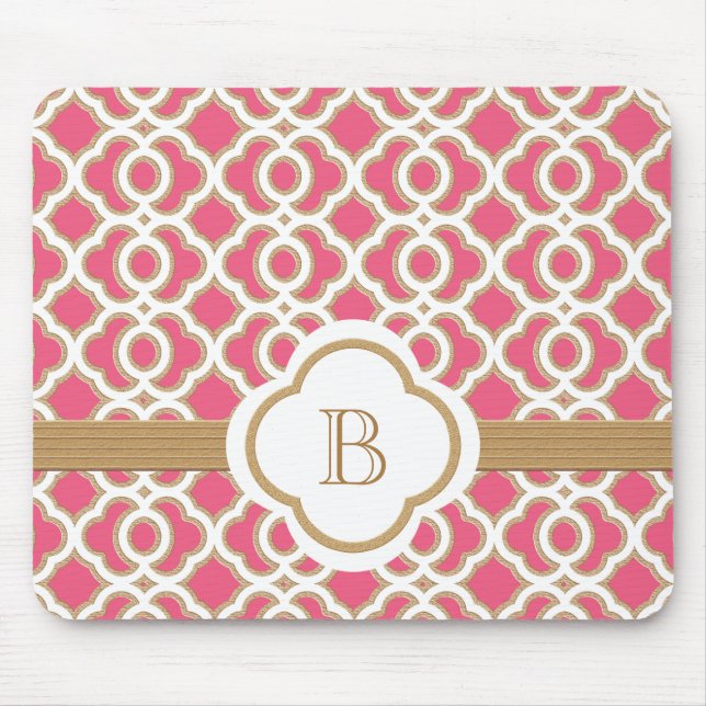Hot Pink and Gold Moroccan Monogrammed Mouse Pad (Front)