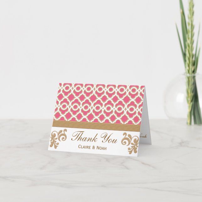 Hot Pink and Gold Moroccan Thank You Wedding Card (Front)