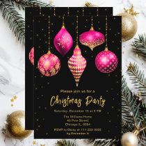 Hot Pink and Gold Ornaments Christmas Party Invitation