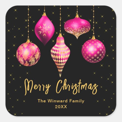 Hot Pink and Gold Ornaments Merry Christmas Square Sticker