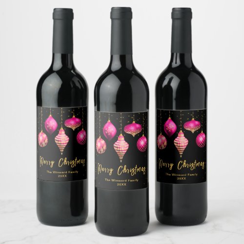Hot Pink and Gold Ornaments Merry Christmas Wine Label