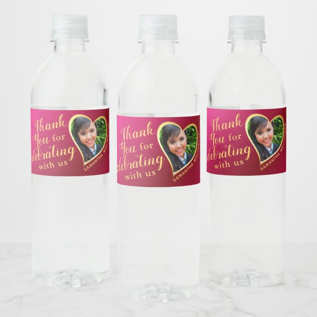 Hot Pink and Gold Photo Thank You 2025 Graduation Water Bottle Label (Bottles)