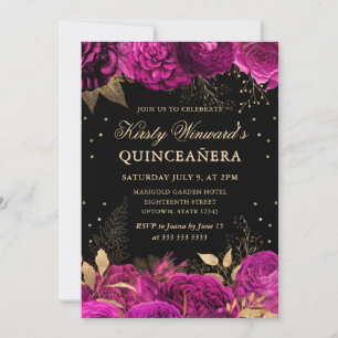 Hot Pink and Gold Roses Floral Quinceanera Invitation