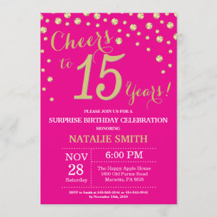 Hot Pink and Gold Surprise 15th Birthday Diamond Invitation