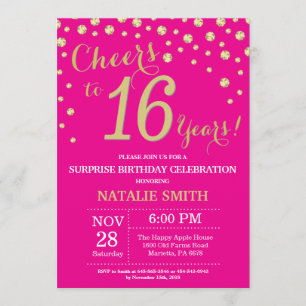 Hot Pink and Gold Surprise 16th Birthday Diamond Invitation