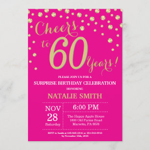 Hot Pink and Gold Surprise 60th Birthday Diamond Invitation