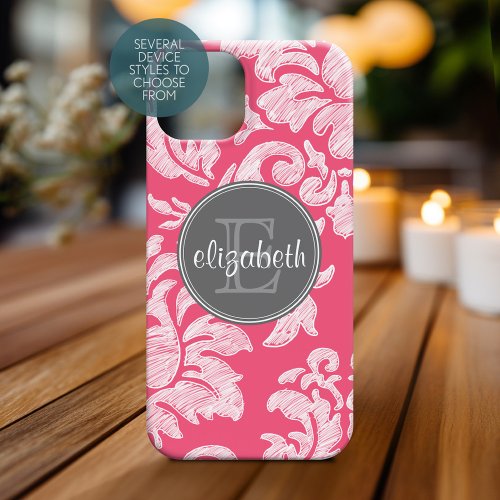 Hot Pink and Gray Chalkboard Damask with Monogram iPhone 15 Case