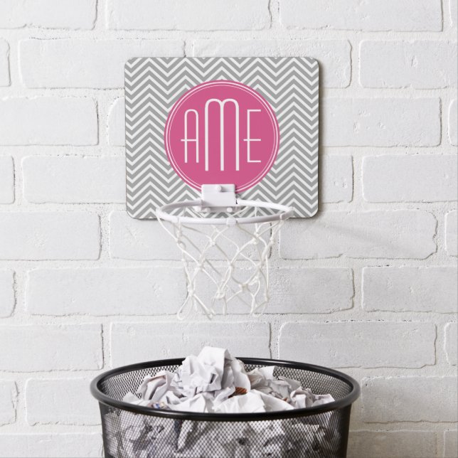 Hot Pink and Gray Chevrons Custom Monogram Mini Basketball Hoop (In Situ)