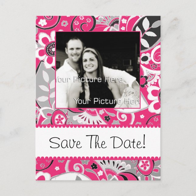 Hot Pink and Gray Fall Floral Save The Date Announcement Postcard (Front)