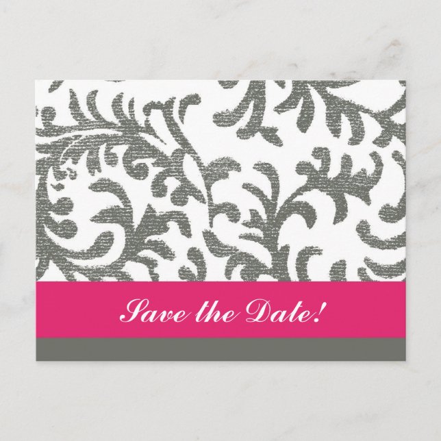 Hot Pink and Gray Floral Pattern Announcement Postcard (Front)