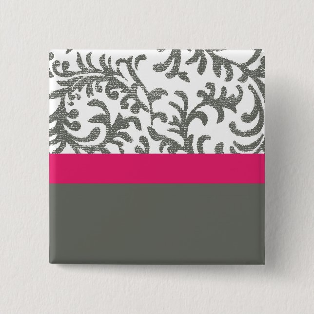 Hot Pink and Gray Floral Pattern Pinback Button (Front)