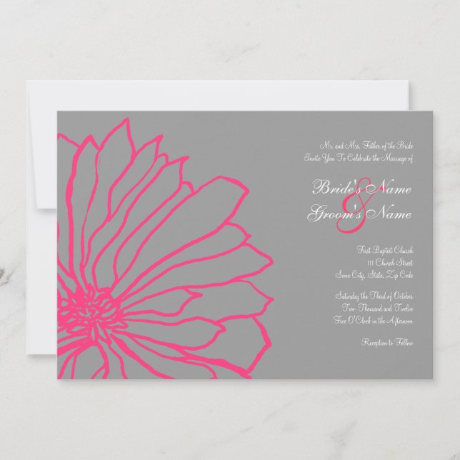 Hot Pink and Gray Floral Wedding Invitation (Front)