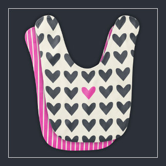 Hot Pink and Gray Mod Hearts with Colorful Stripes Baby Bib