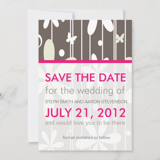 Hot Pink and Gray Retro Floral Save The Date (Front)