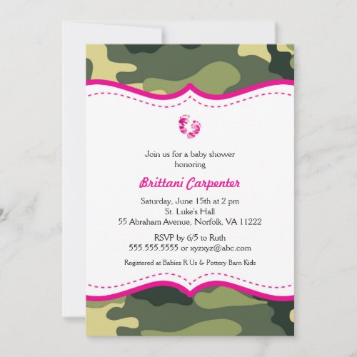 Hot Pink and Green Camouflage Baby Shower invites