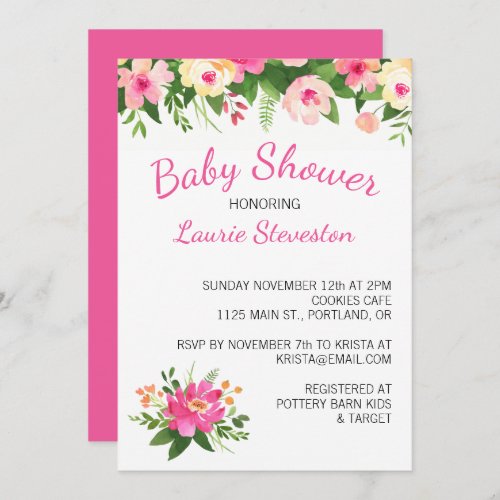 Hot Pink and Green Flowers Floral Baby Shower Invitation