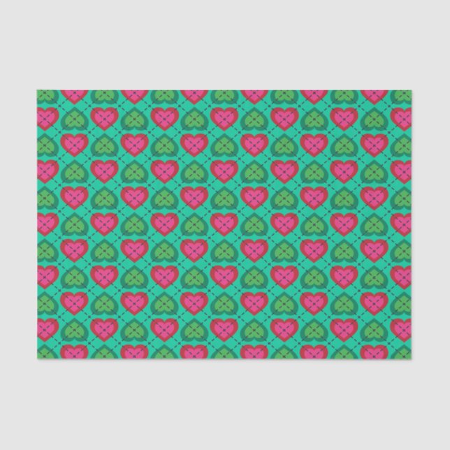 Hot Pink and Green Hearts Argyle Pattern Tissue Paper (Front)