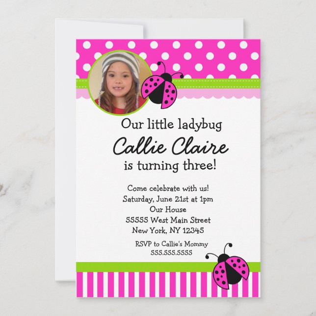 Hot Pink and Green Ladybug BIrthday Invitations (Front)