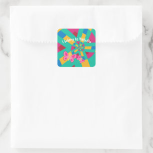 Hot Pink and green pattern with pink butterfly Square Sticker