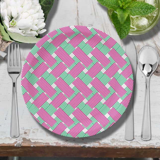 Hot Pink and Green Stripes Paper Plates (Hot pink and green diagonal stripes paper plates)