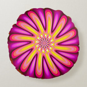 Hot Pink And Groovy Fractal Flower Round Pillow