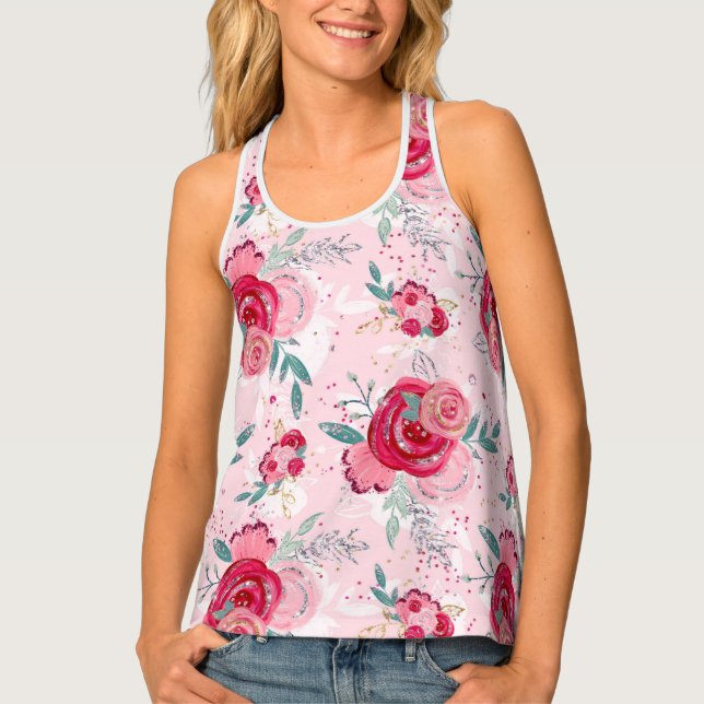 Hot Pink and Light Pink Glitter Rose  Tank Top (Front)