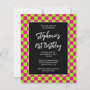 Hot Pink and Lime Checkered Bold 21st Birthday