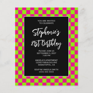 Hot Pink and Lime Checkered Bold 21st Birthday Flyer