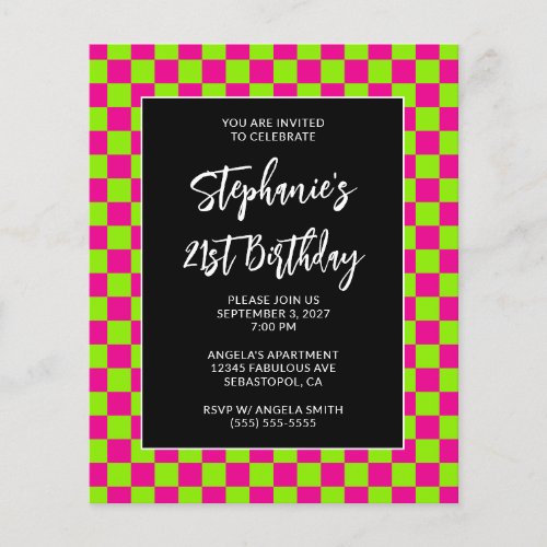 Hot Pink and Lime Checkered Bold 21st Birthday Flyer
