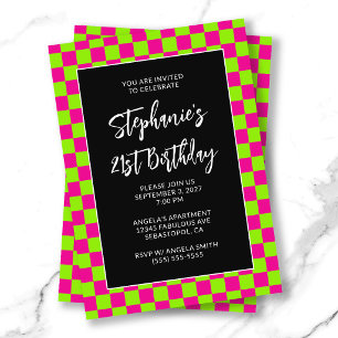 Hot Pink and Lime Checkered Bold 21st Birthday Invitation