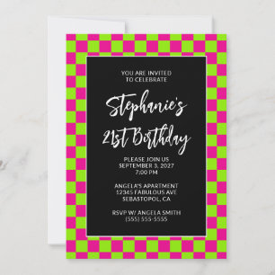 Hot Pink and Lime Checkered Bold 21st Birthday Invitation